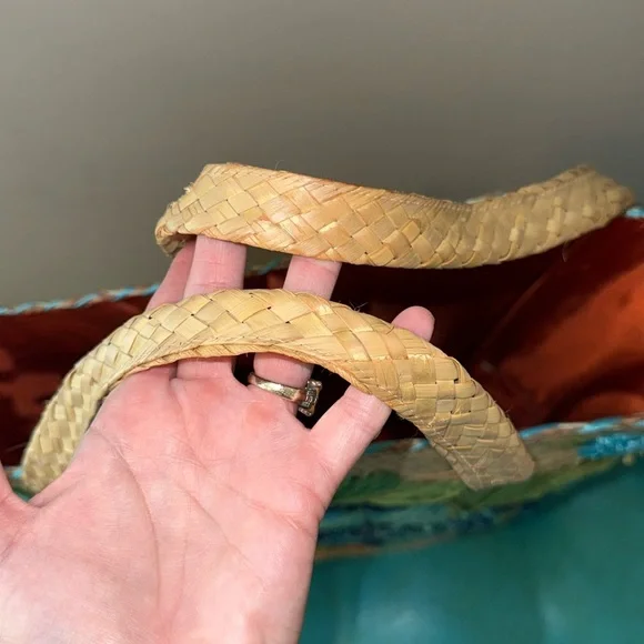 Vintage oversized large gorgeous turquoise blue flower raffia basket beachy bag - Picture 5 of 14